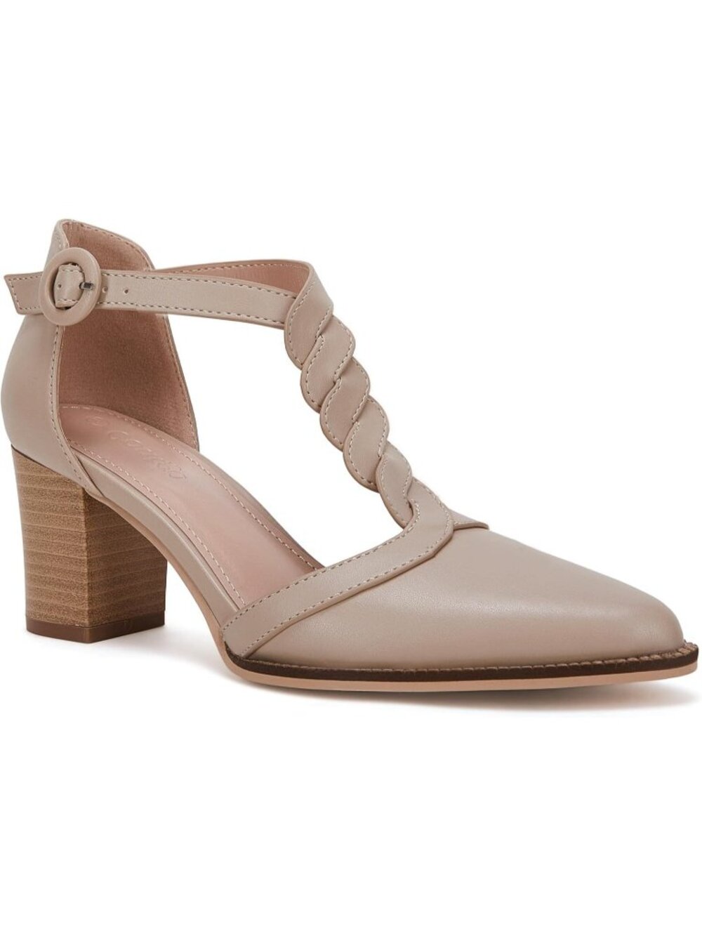 Women's Nude Chunky Heels T Strap Pointed Toe Stacked Heeled Sandals Pumps
